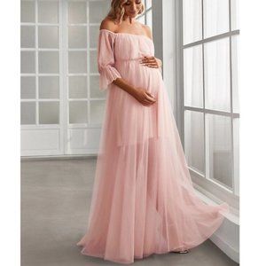 Maternity Mesh off the shoulder Maxi Dress Pink ITS A GIRL!